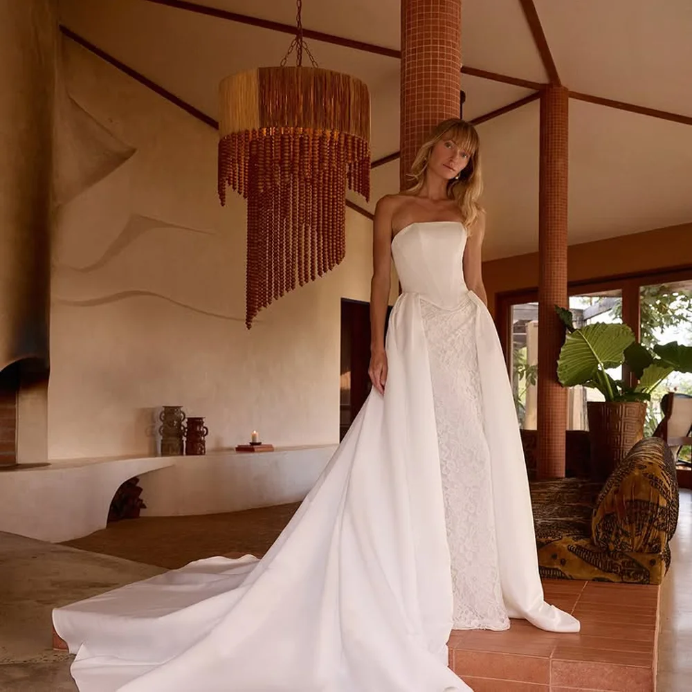 Off Shoulder Wedding Dress Satin Top Lace Skirt Bridal Gowns With Detachable Train Back Buttons Wedding Gown For Brides