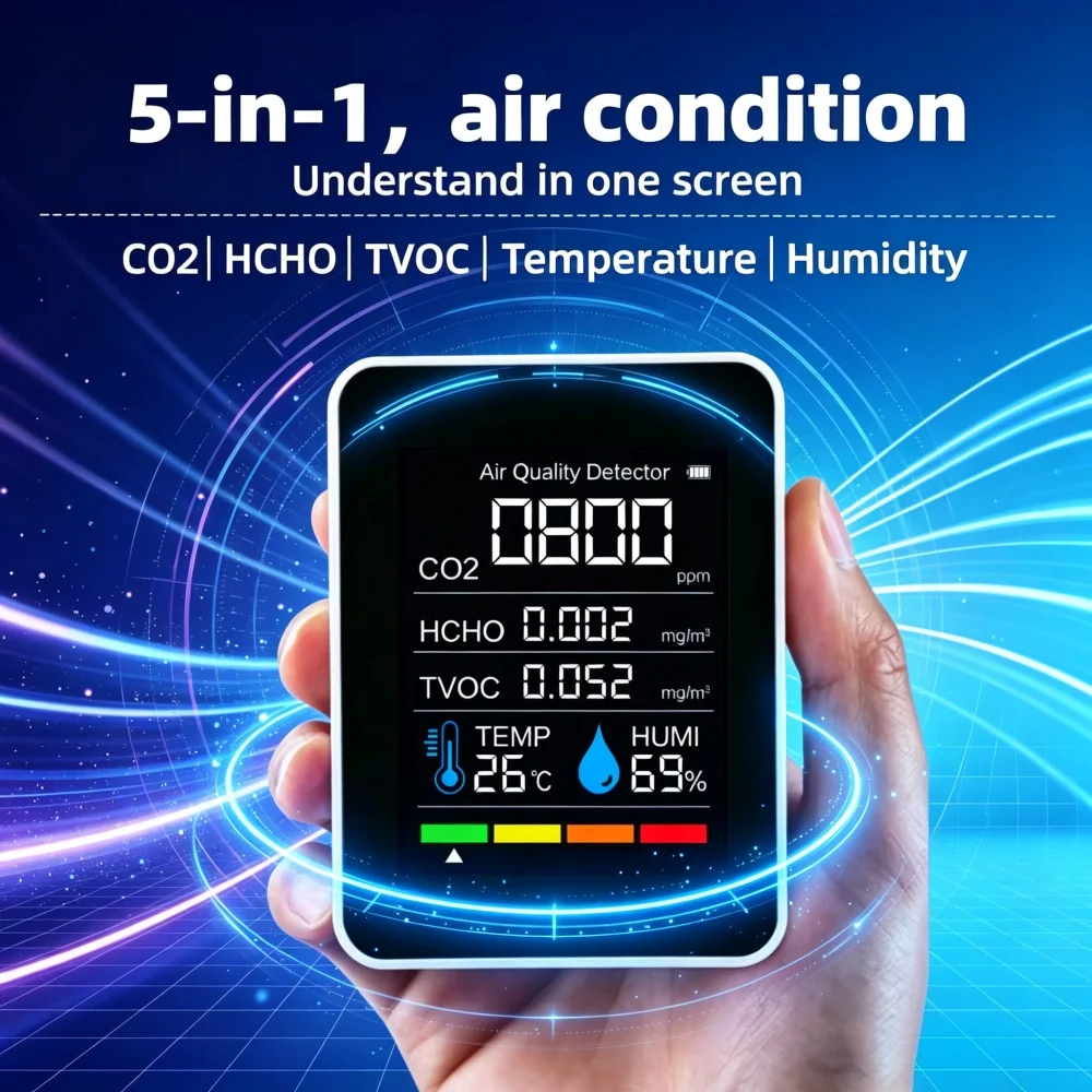 Five in One Air Quality Monitor CO2/TVOC/HCHO Detector Temperature and Humidity Tester