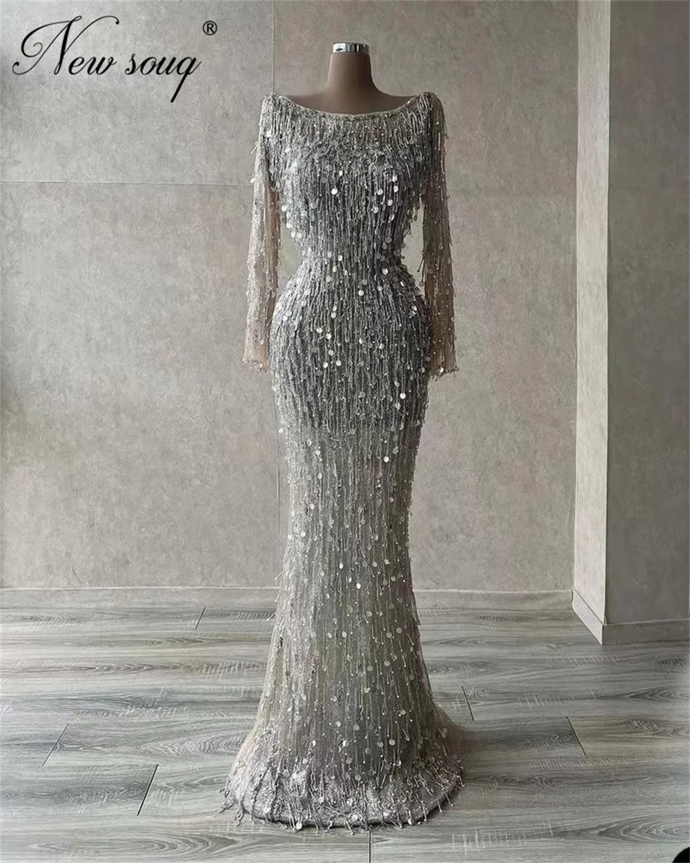 Full Beaded Sliver Evening Dresses For Women Luxury Tassle Crystals Weddings Party Dress Vestidos De Gala Arabic Celebrity Gowns