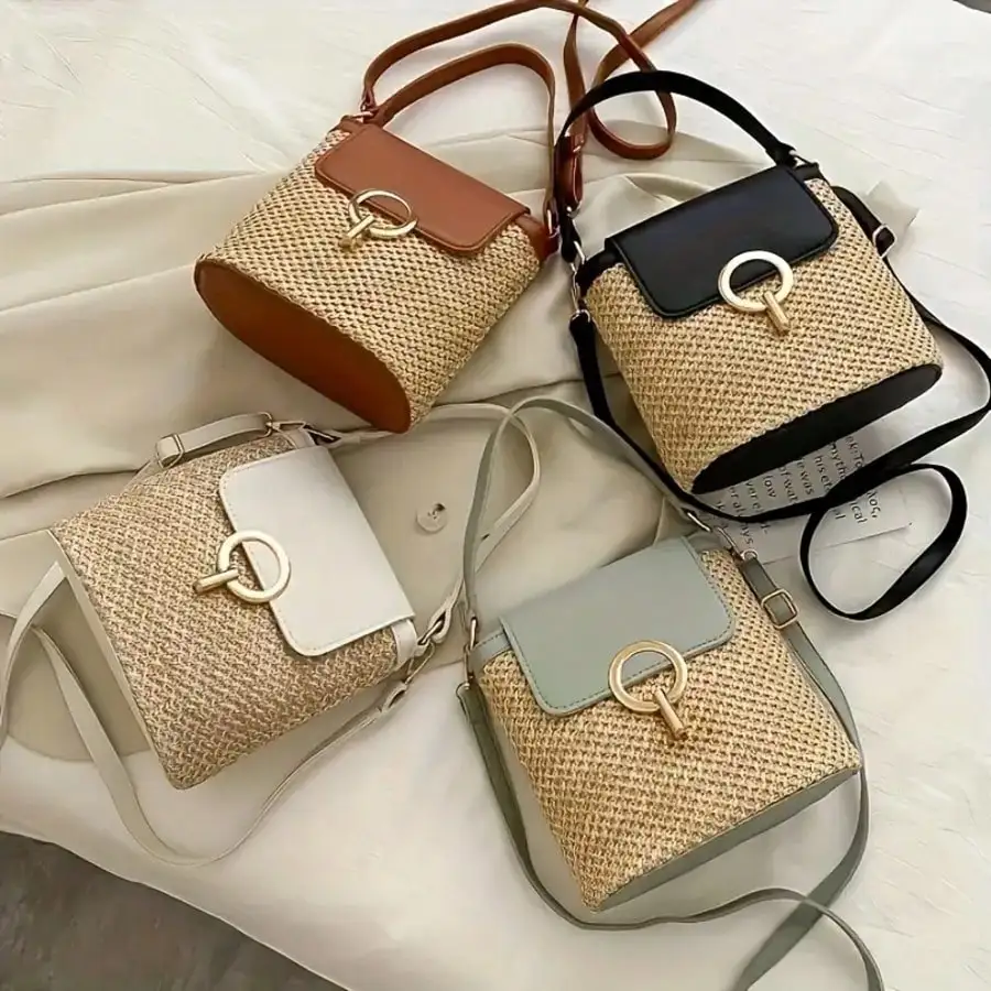 Woven Beach Crossbody Bag, Multi-Functional Adjustable Shoulder Strap, Golden Lock, Suitable For Vacation And Casual Daily Use