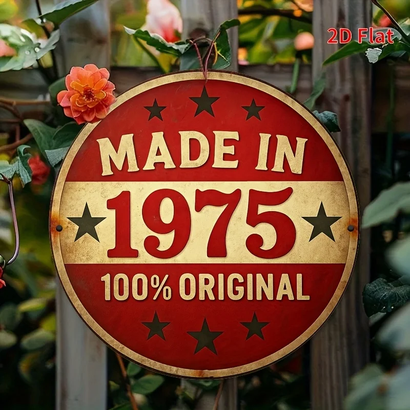 2pc 2d flatA Vintage-Style Round Aluminum Wall Art Sign Labeled 'Manufactured in 1975 , Featuring Rustic Red And Beige Decor