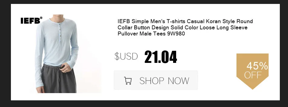 IEFB Korean Style Men's T-shirts Loose Button Design Pullover Tops Casual Solid Color Long Sleeve Male Tees Simple New 9C6913