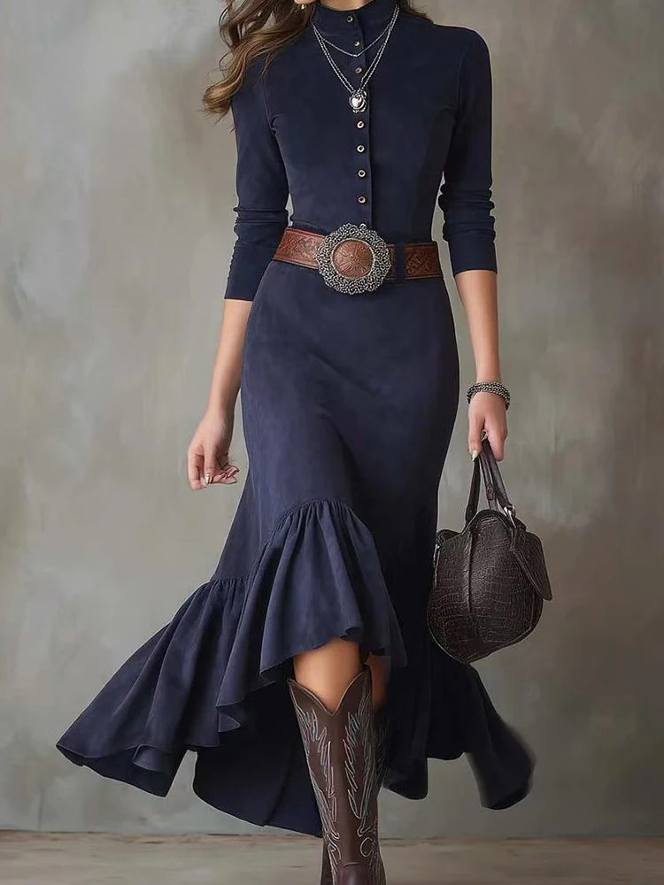 Vintage Autumn Winter Long Sleeve Maxi Dress, Women Holiday Solid Button Patchwork Party Dress, Stand Collar Chic Ladies Dress