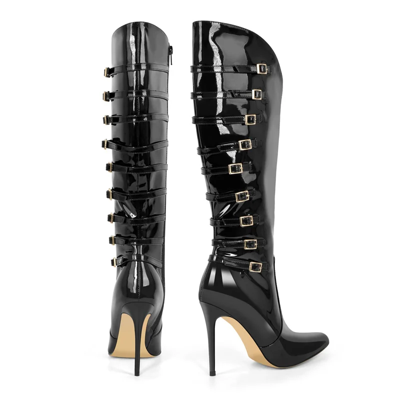 Onlymaker Women Pointed Toe Black Patent Leather Multi Buckle Stiletto Knee High Boots