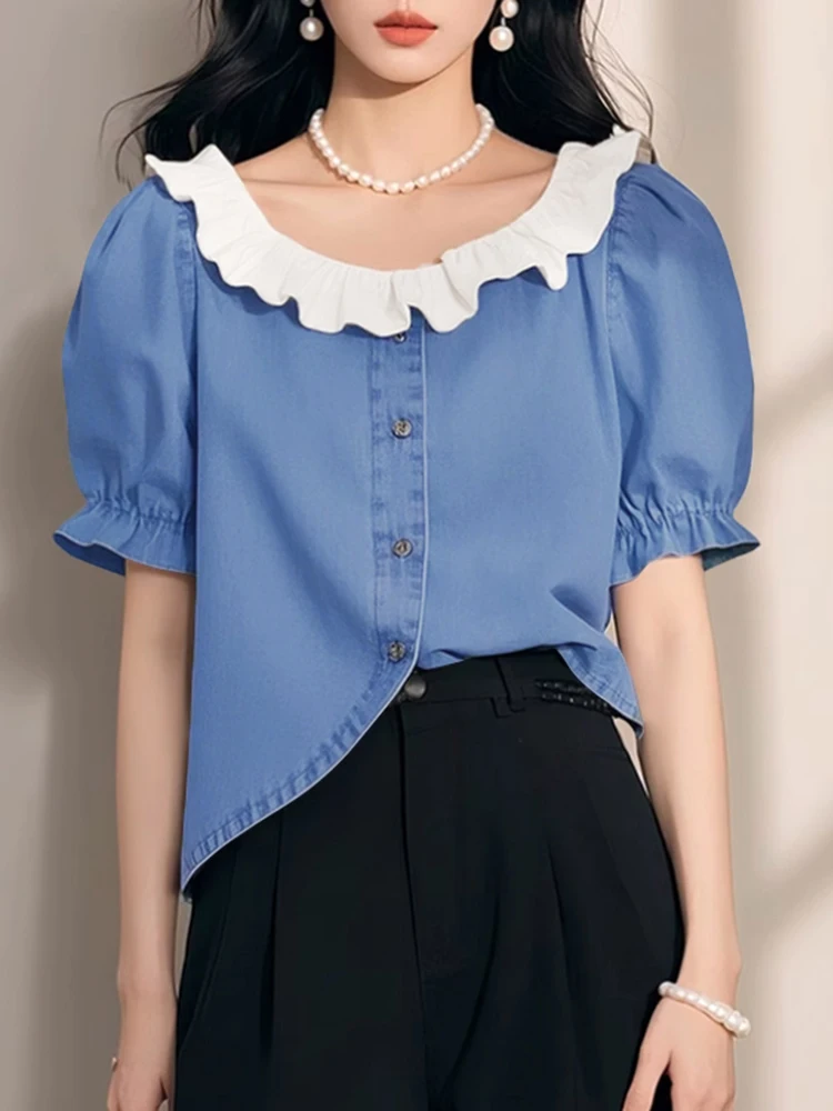 بلوزة نسائية من ZANZEA قمصان مكتب صيفية أنيقة بأكمام قصيرة منتفخة قميص عمل OL بحاشية غير منتظمة بلوزات مرقعة تونك نسائية #1