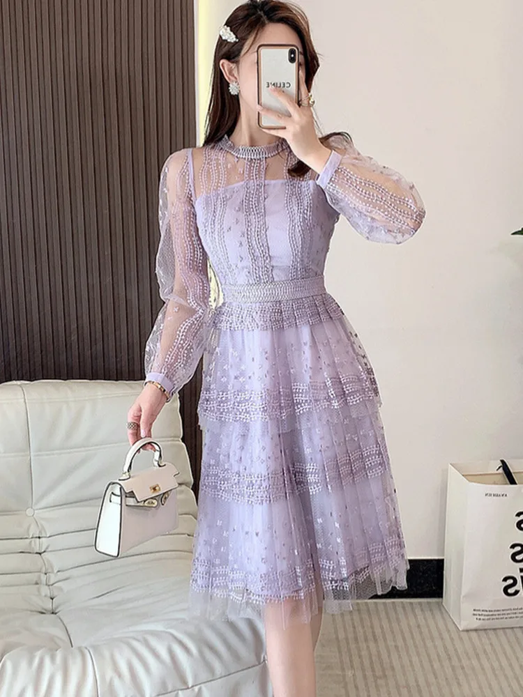 SMTHMA New Spring Purple Lace Patchwork Mesh Embroidery Dress For Women Long Sleeve Round Neck Design Runway Dresses Vestidos