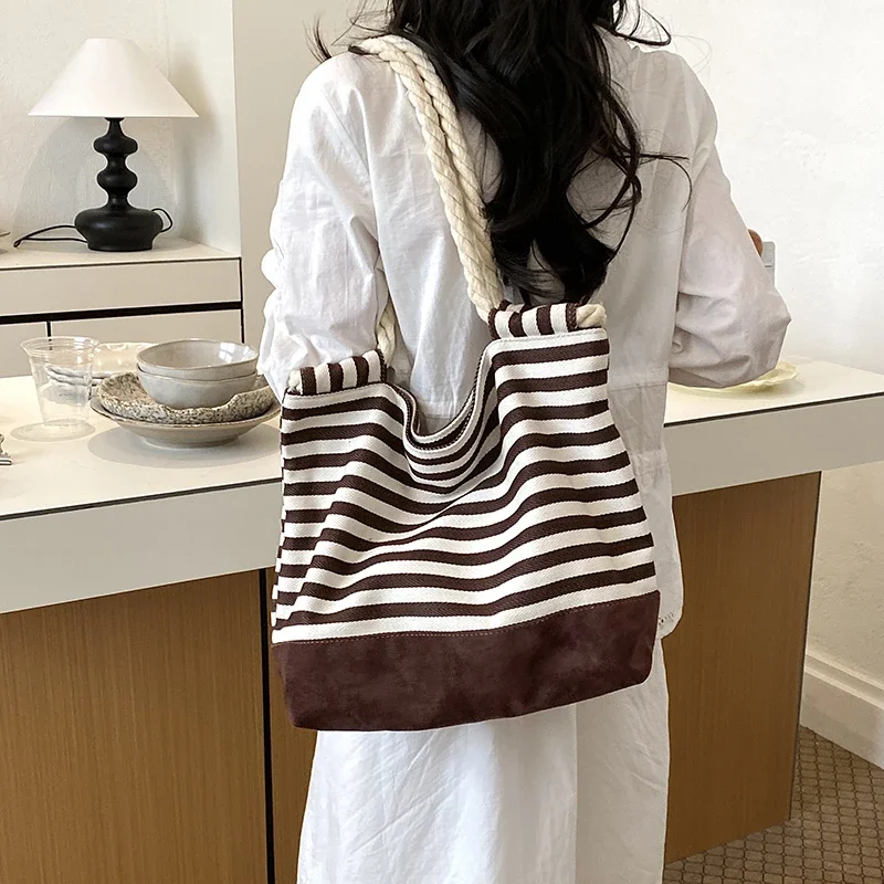 Fashion Brown White Stripe Shoulder Bag hot sale Thick Braided Rope Strap Handbags Large Storage Canvas Casual Ladies Tote Bags