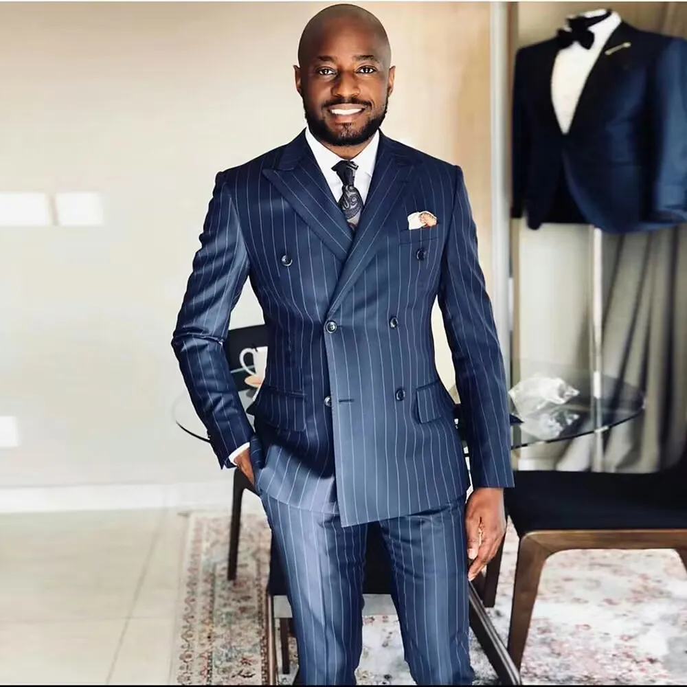 Men's Two-piece Set Groom Wedding Banquet Plus Size Striped Double Breasted Suit Men