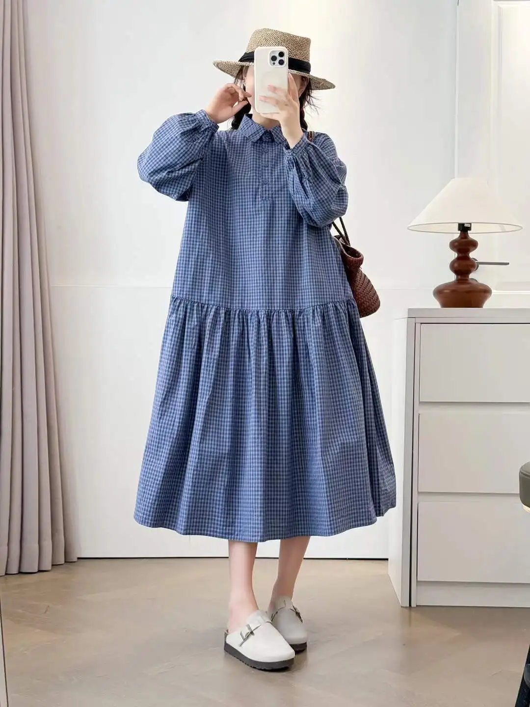 

[Готовый запас] Высококачественное женское платье из 100% хлопка, осеннее новое клетчатое платье с полуоткрытыми пуговицами, свободные платья большого выпуска с длинными рукавами