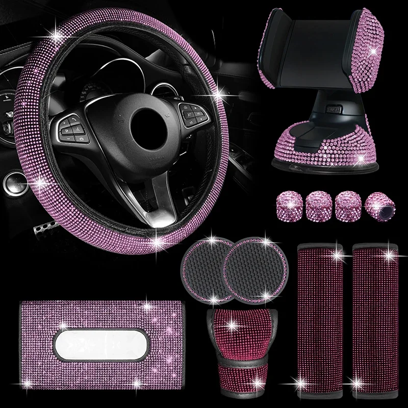 12Pcs Rhinestone Car Steering Wheel Cover Gear Shift Cover Shoulder Pad Tissue Box Coaster Bling Car Accessories Set for Women