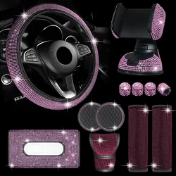 12Pcs Rhinestone Car Steering Wheel Cover Gear Shift Cover Shoulder Pad Tissue Box Coaster Bling Car Accessories Set for Women