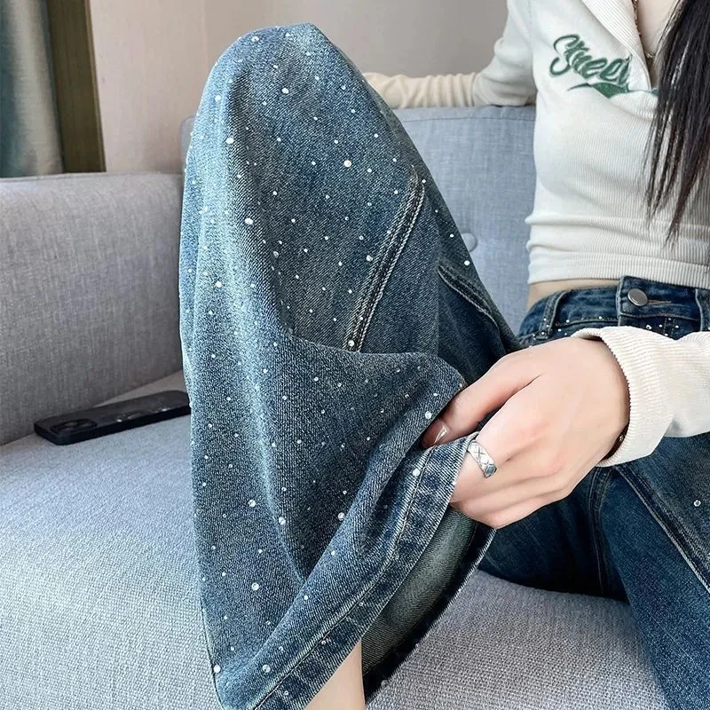 Women Korean Hot Diamond Jeans Spring Autumn Chic Loose Wide Leg Denim Pants Female High Waisted Straight Leg Long Trousers