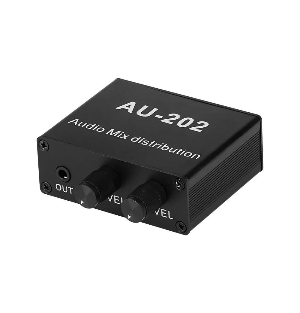 

AU-202 2 input 2 output Stereo Mixer Audio Distributor For Headphone External Power AMP Volume independent control DC 5V-19V