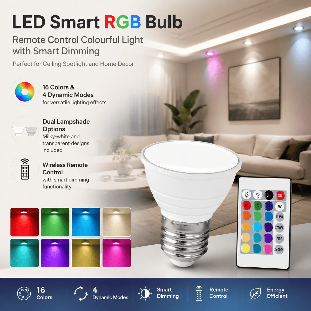 RGB LED Bulb E27 Remote Control Color Changing Lamp 16 Colors 4 Modes Dimmable Smart Light For Home Decor Mood Lighting 220V