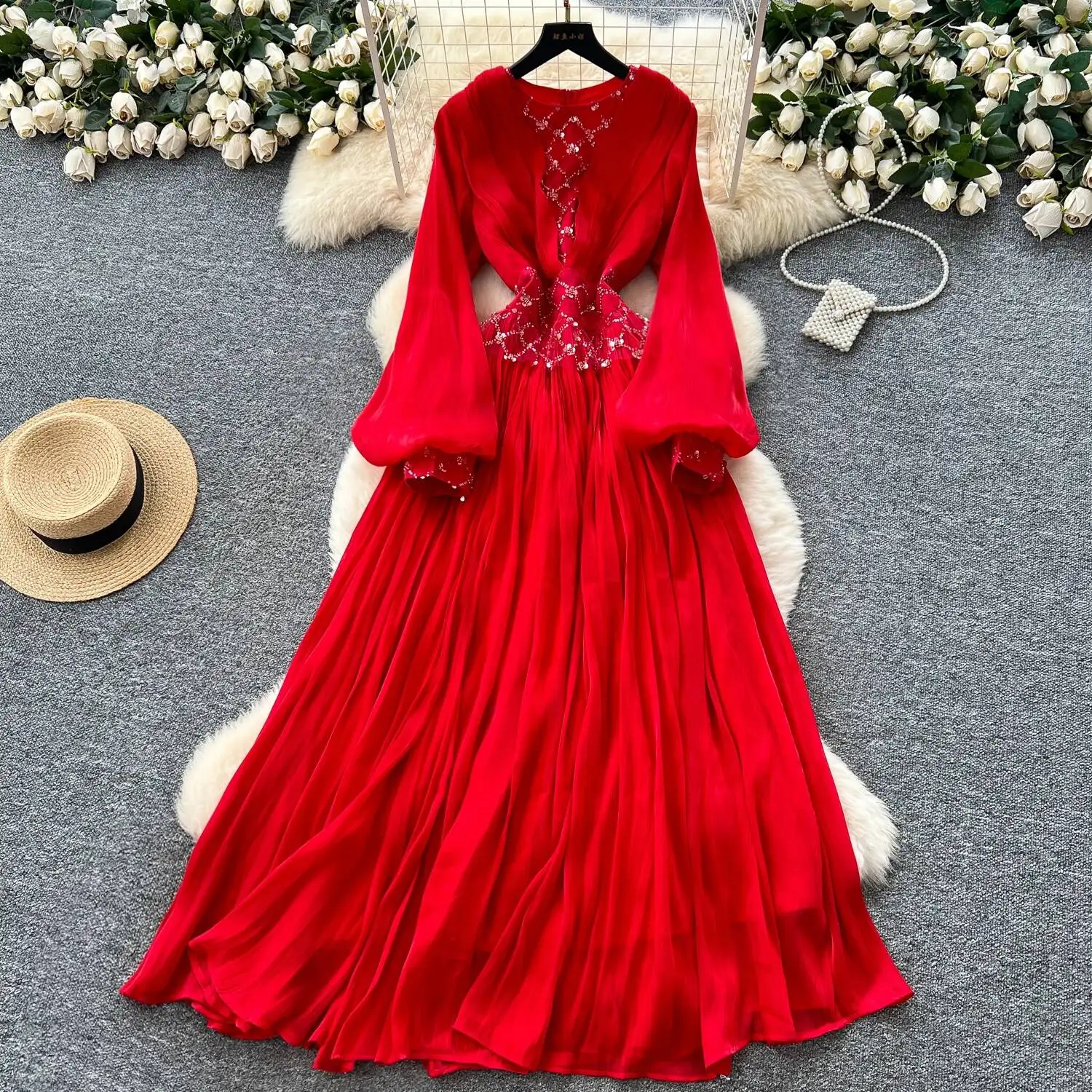 Chique vintage O-hals met lange mouwen Elegante Fee Koreaanse mode Boho Zonnejurk Strand dameskleding