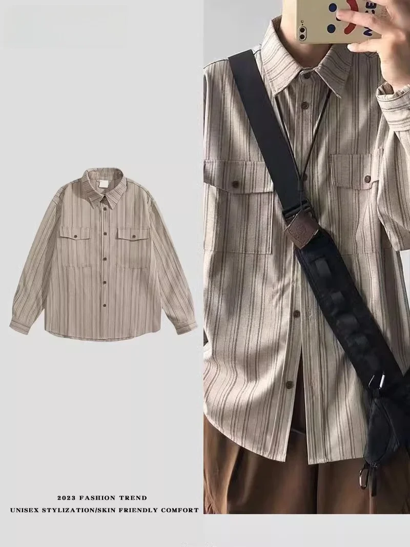 

Loose Long Sve Men's irt Vertical Stripes Retro Sle Square Collar Workwear Casual Faion for Spring Autumn And Winter