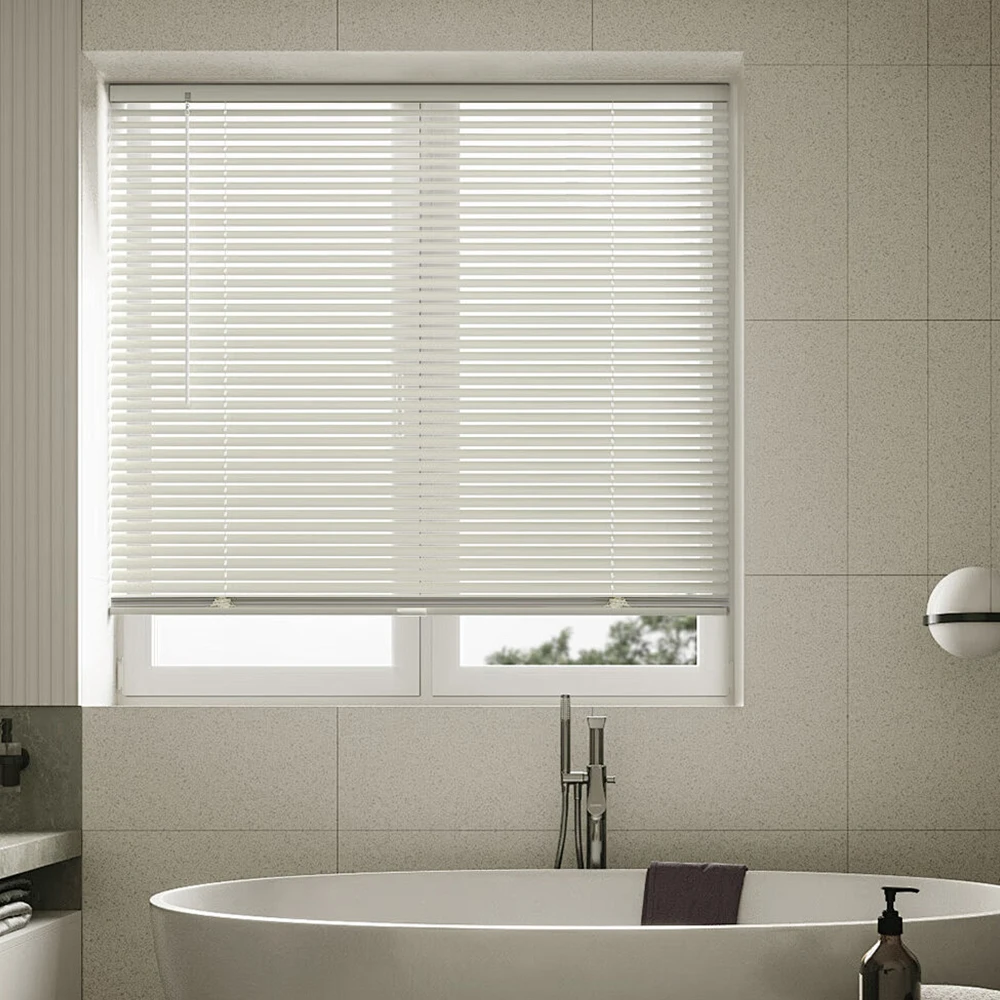 

Custom Sizes Cordless Faux Wood Venetian Blinds Waterproof Easy to Clean and Adjust Curtains For The Living Room