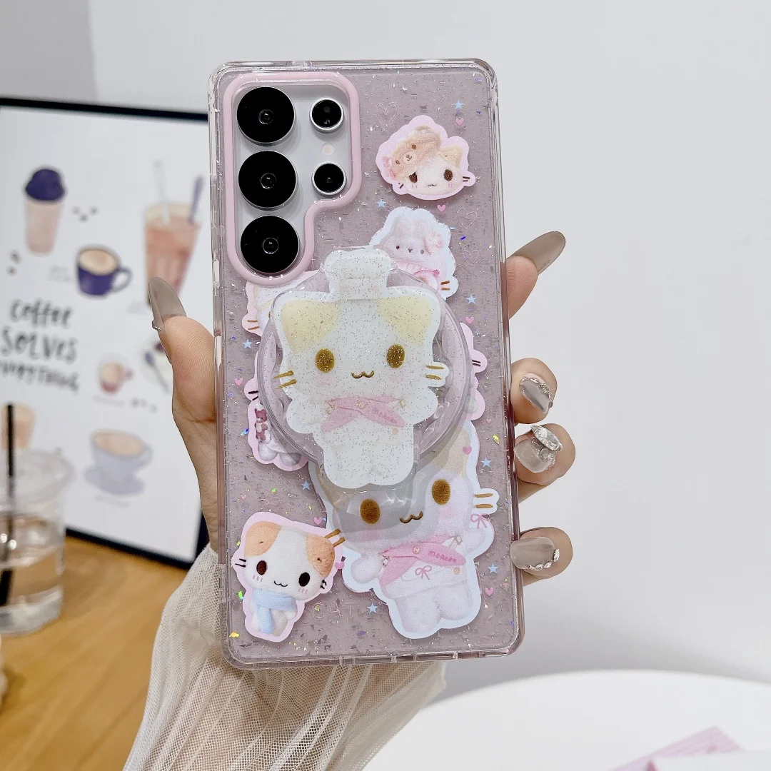 

Chef Cat Stickers Magnetic Stand Shockproof Glitter Case For Samsung Galaxy S25 S24 Ultra S23 S22 Plus Luxury Cover