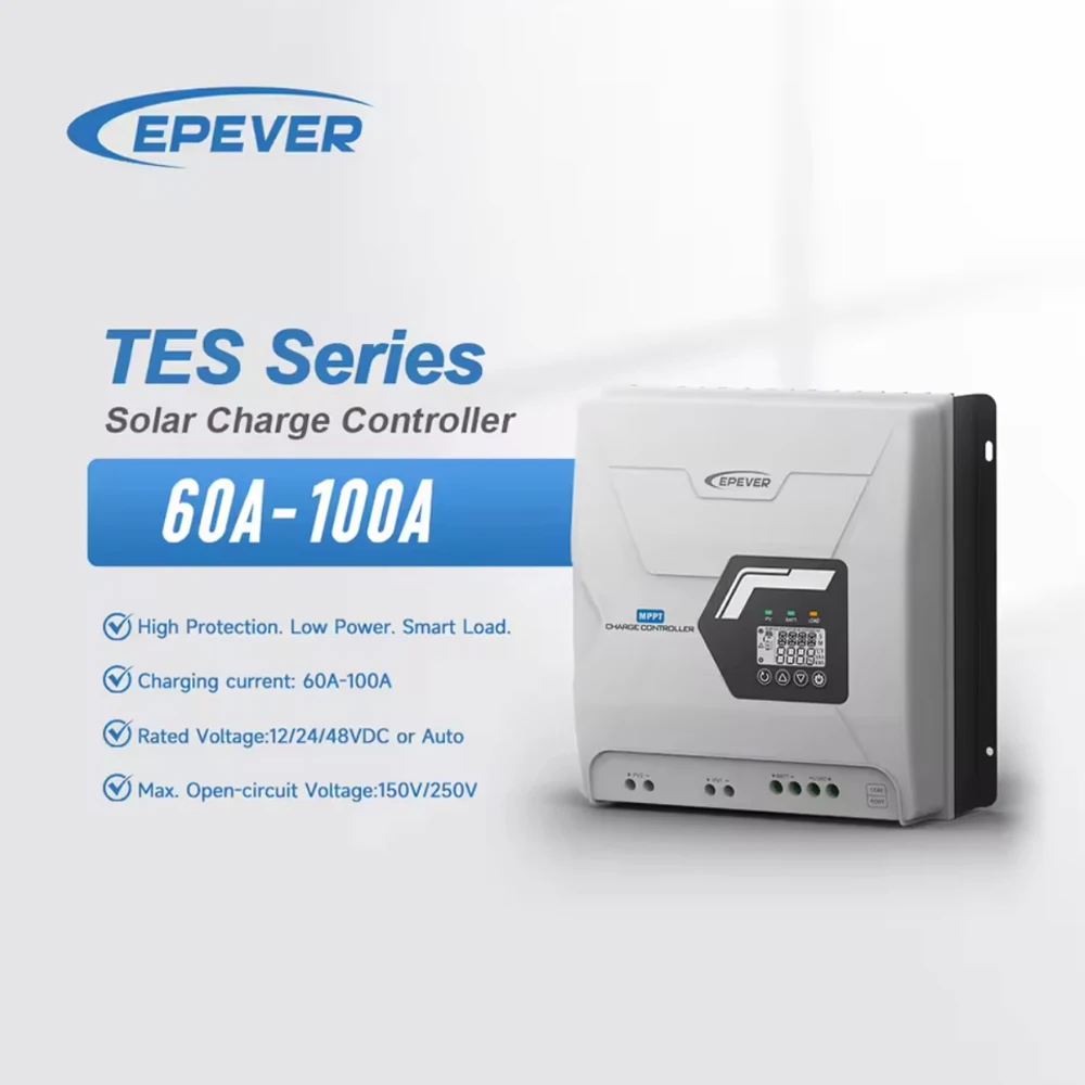 EPEVER TES MPPT Solar Charge Controller 60A 80A 100A Max PV 150V/250V DC Input 12V 24V 48V Auto Identify High Efficiency