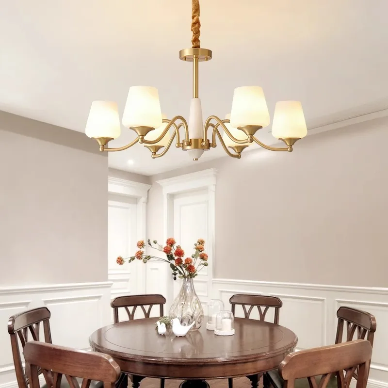 Copper American Chandelier Living Room High Quality Jade Decorative Light Villa Hotel Brass Glass Lampshade Custom Multiple Lamp
