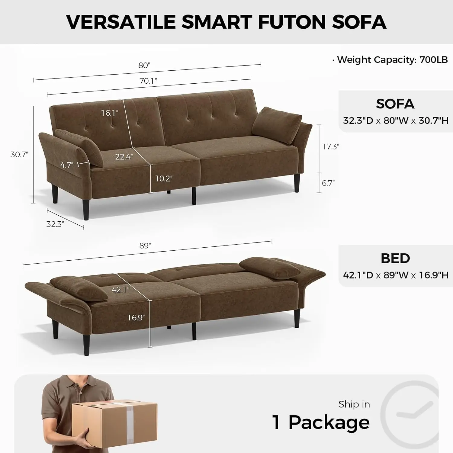 89 inch futon sofa bed, convertible sleeper sofa with adjustable backrest and armrests, modern double sleeper in living room