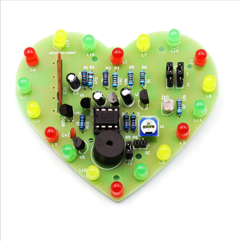Optically Controlled LED Music Chip Heart Shaped Color Lamp Kit Love Type PCB Circuit Board Electronic Training Welding