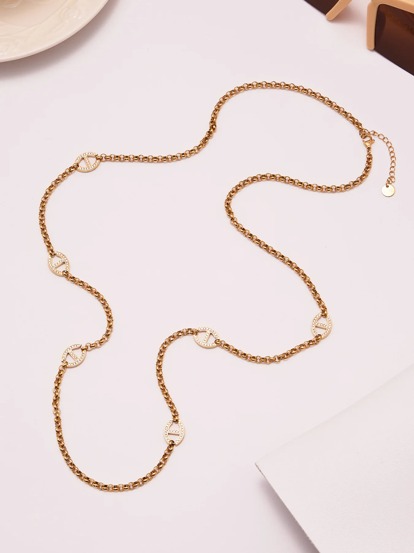 80 cm Edelstahl-Kettenhalskette für Damen, 18 Karat vergoldete Ketten, Halsketten mit eingelegtem Zirkon, Charms, Pulloverkette, lange Halskette – Detail 8