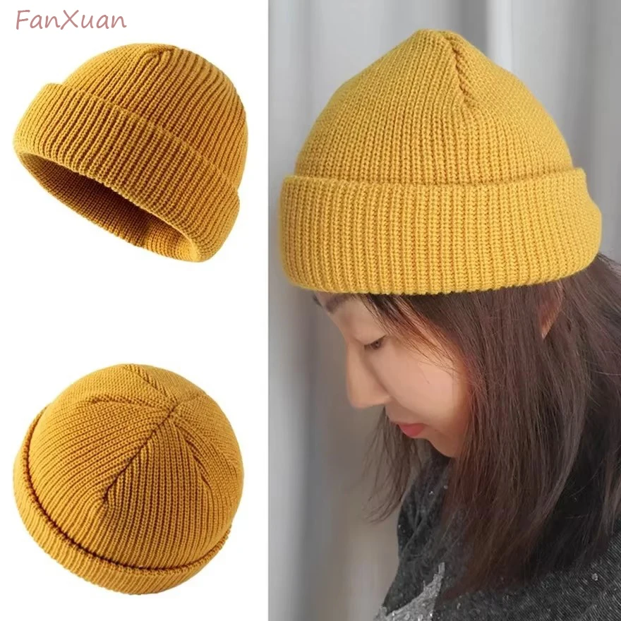 Knitted Short Hat for Men & Women Winter Hat Men Skullies Solid Color Winter Cap Thick 2 Layers Bonnets for Women