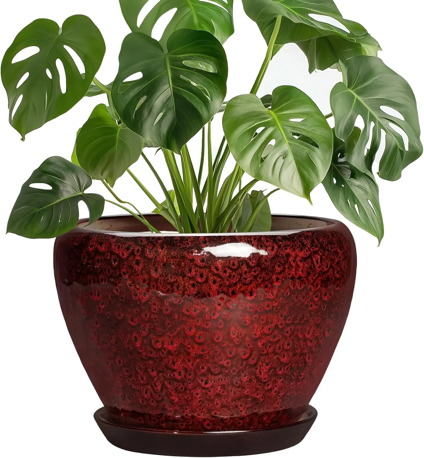 8 Inch Planter - Ceramic Plant Pots with Drainage Hole and Saucer, Decorative Plant Pots , Round Planter, Red Leopard