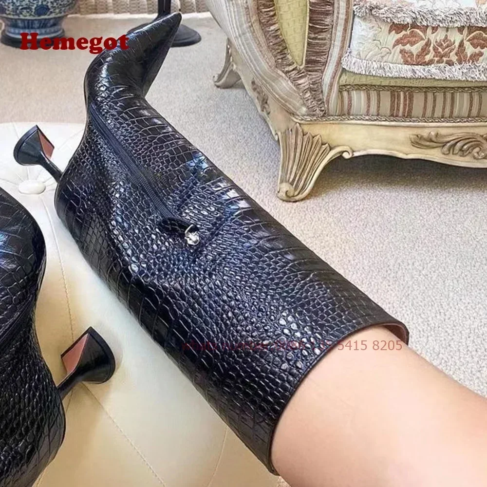 Brown Croc-Pattern Wine Grasses Ankle Boots Pointy Toe Strange Style Knee High Boots Women 2024 New Winter Luxury Shoes Leather