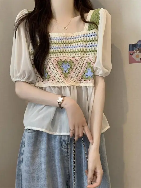 Korean Version Design With Hook Flower Hollowed Out Knitted Women's Summer 2024 New Patchwork Chiffon Short Sleeved Top FT6O