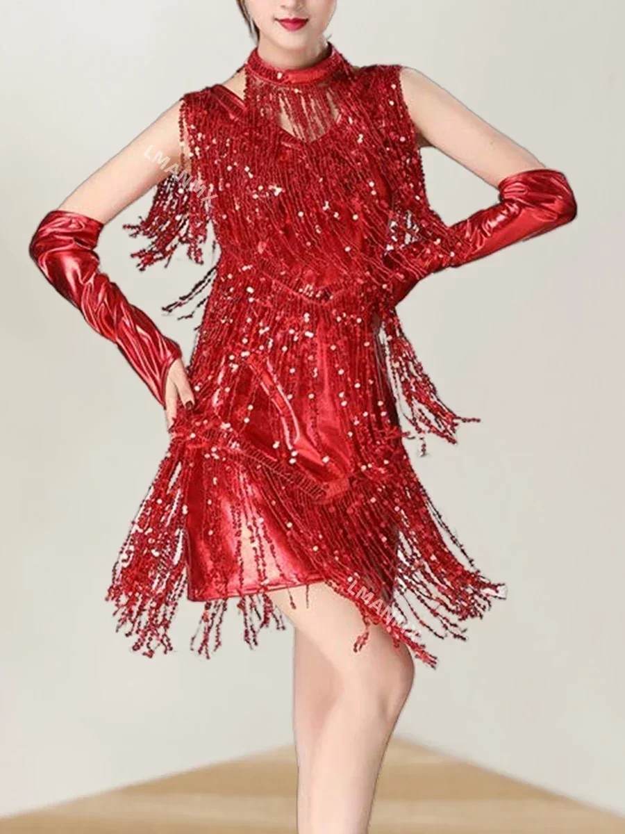 Женское современное бальное платье для латинских танцев с кисточками и бахромой, танцевальный костюм для сальсы, танго, сексуальный пятицветный сценический костюм