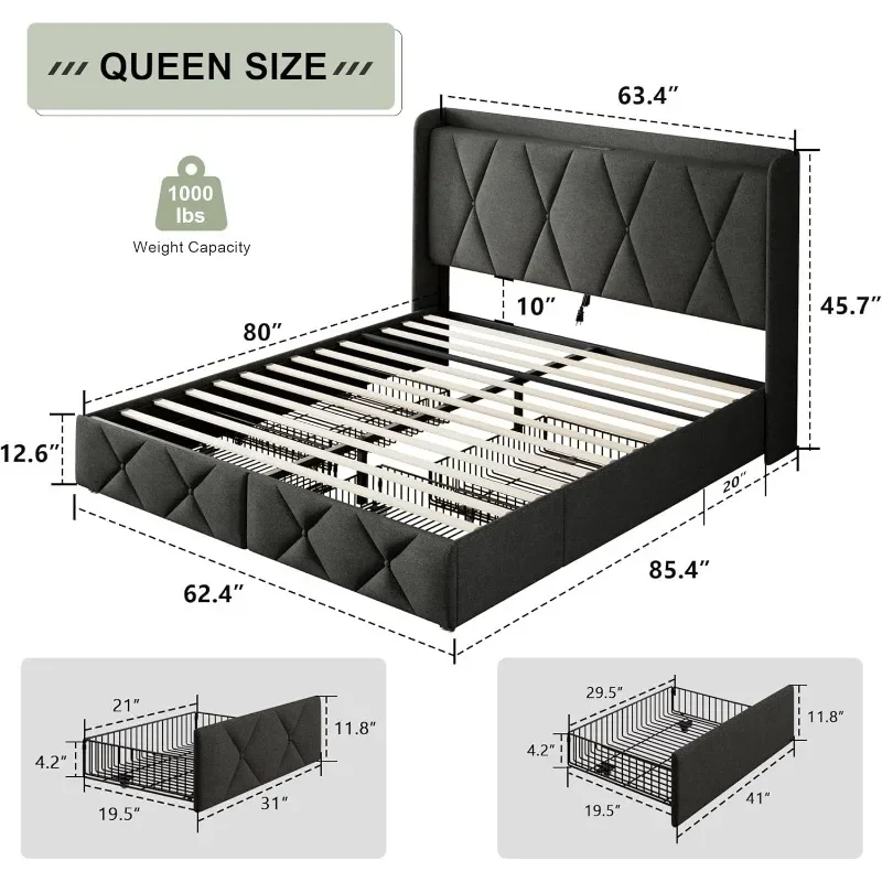 Queen Bed Frame with 4 Storage Drawers, Upholstered Button Tufted Headboard Fast Charging Station, Heavy Duty Slats Support