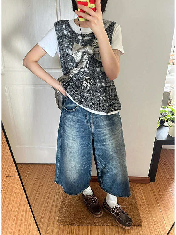 

American Style Loose Fit Blue Jeans Women's Spring Summer New Style Seven-Foot Pants Wide Leg Short Trousers Casual Wear