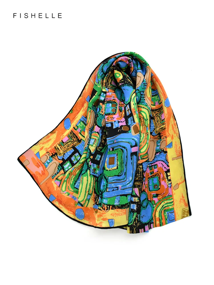 

Bright orange blue green colorful oil painting silk scarves women's spring autumn long natural scarf silk ladies shawls