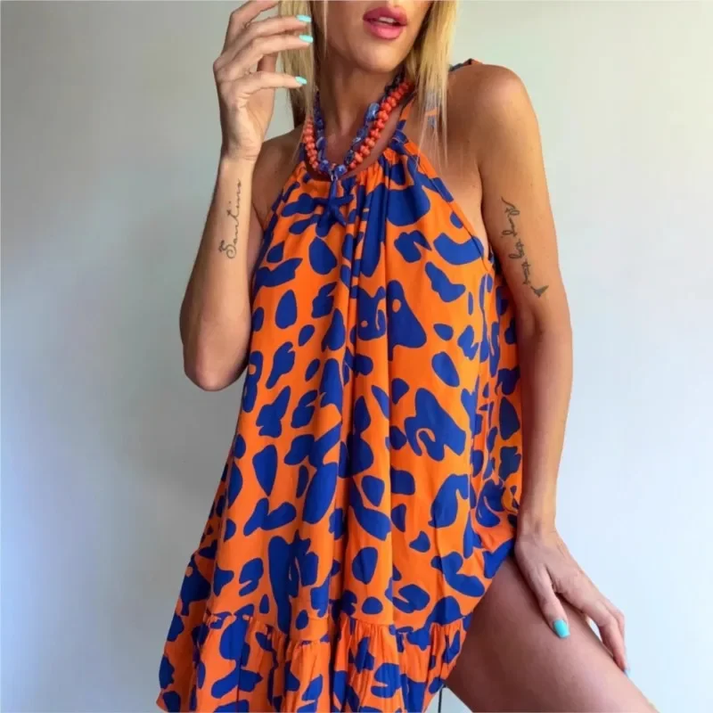 Abito da spiaggia estivo Donna Sexy Halter senza maniche Ruffles Mini abito ampio Moda Stampa floreale A-Line Abiti corti Boho Vestido
