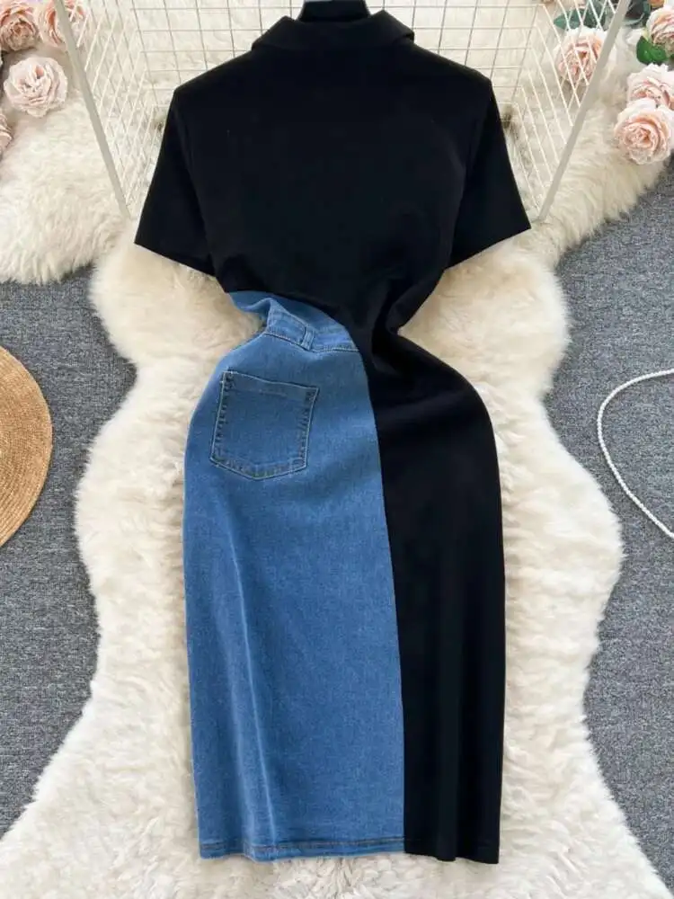 XFPV النساء فيستدوس الألوان المتناقضة المرقعة سليم صالح عالية الخصر فساتين من قماش الدنيم التلبيب Vestidos لربيع وصيف 2025 SM10385 #2