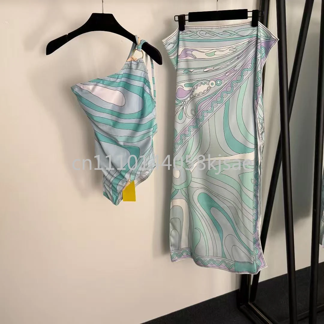 

Fashion Design Women's Blue One-shoulder Swimsuits with Letter Signature Logo Lady Scarf Bikini Sets Beachwear