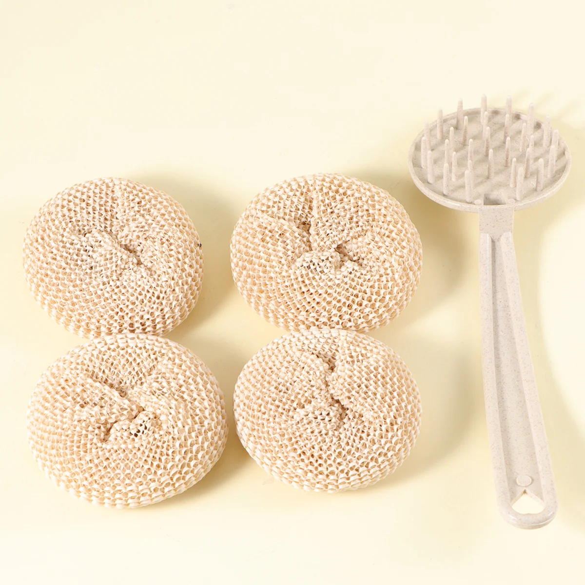 

Bamboo Fiber Dish Washing Ball 6 Balls 1 Long Brush Ergonomic Handle Non Slip Thorough Clean for Kitchen Pans Sinks