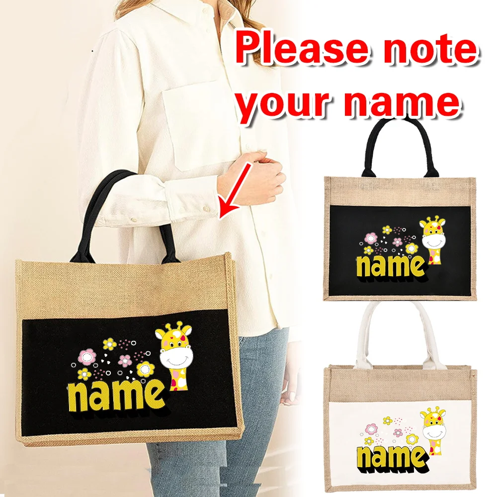 Personalized Customized Name Shopping Bags Linen Handbag Foldable Large Capacity Simple Top Handle Cotton Linen Organizer Pouch
