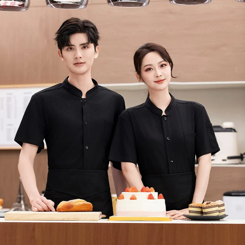 Verão malha respirável único breasted gola branca manga curta jaqueta de chef para catering hotel restaurante cantina trabalho un