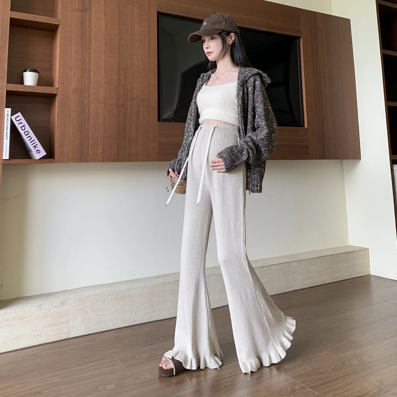 

Maternity Pants Autumn/Winter Knitted Draped Flared Peter Pan Hem Wide-Leg Trousers Casual Boot Cut Long Pants Pregnancy Women