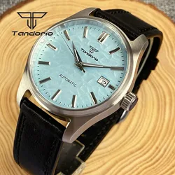 Relógios automáticos para homens Tandorio, coroa parafuso luminoso, pulseira de couro, cristal safira, verde, simples NH35A, 20Bar Data, 39mm