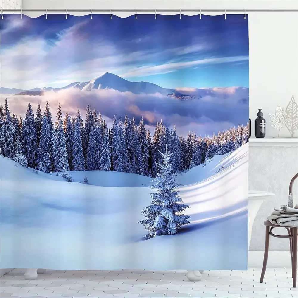 Winter Shower Curtain Forest Birch Trees Cedar Snow Scene Nature Landscape Wall Hanging Cloth Bathroom Curtains Decor With Hooks