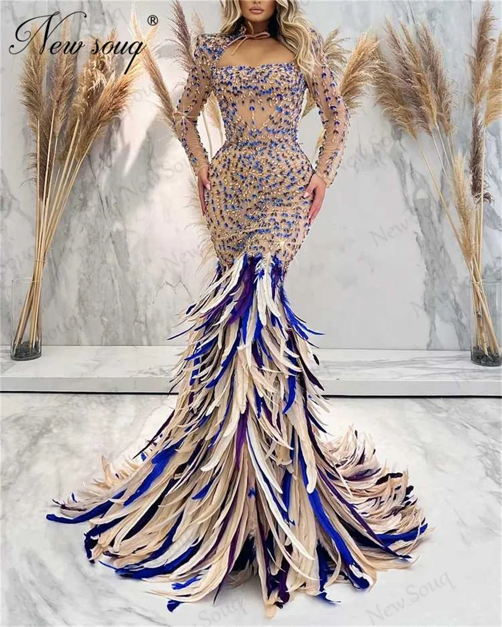 Aso Ebi Mermaid Feathers Evening Dresses Haute Coutures Beading Crystals Party Dress Luxury Long Sleeves Cocktail Prom Dress