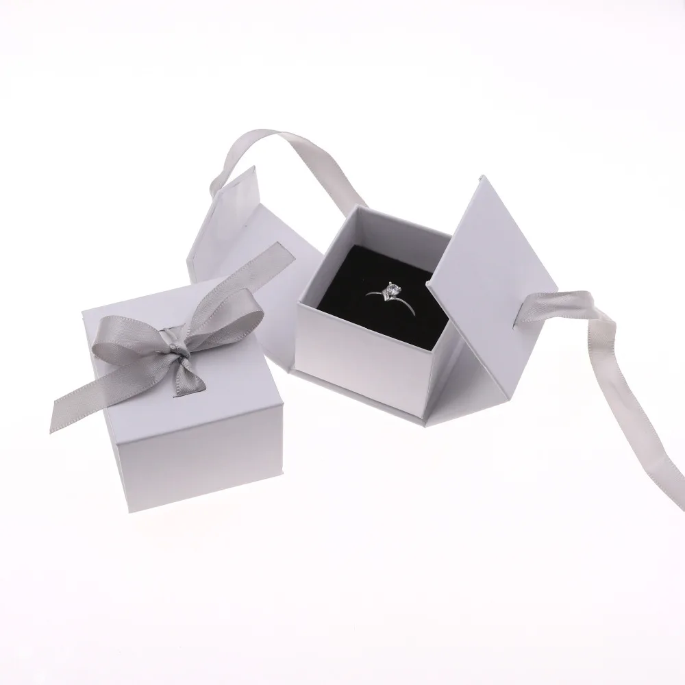 DoreenBeads Jewelry Boxes Paper Gray White Color Ribbon Bowknot For Gift Present Ring Earring Packing Display Box, 1 Piece
