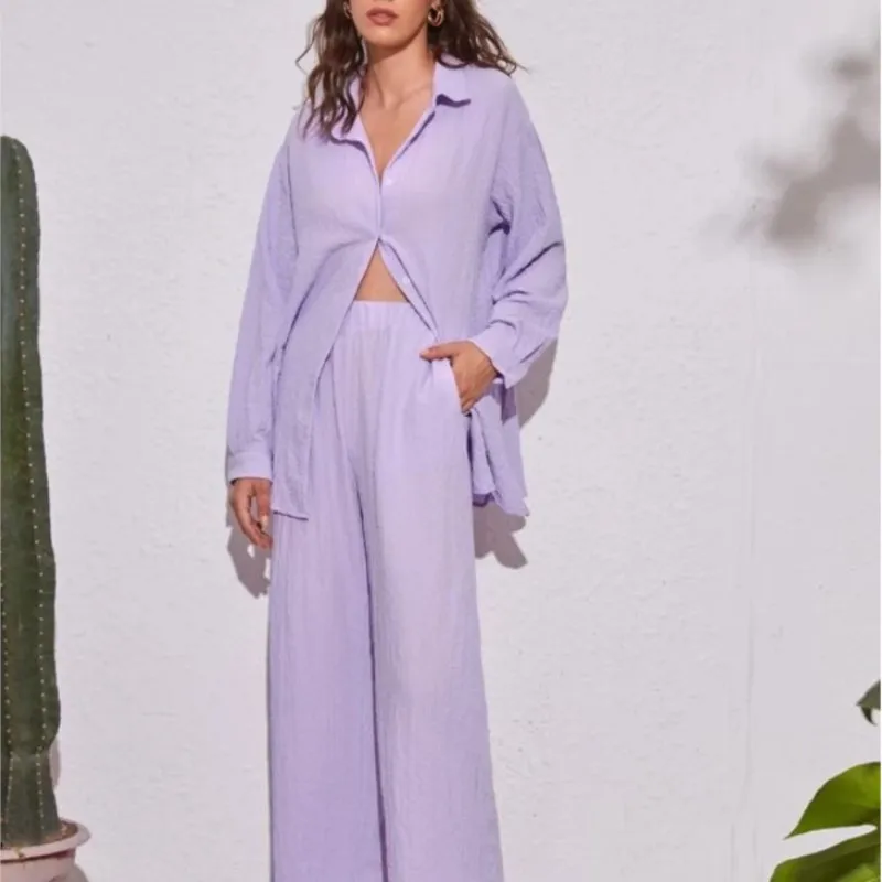 

Women Blouse Pant Sets High Elastic Waist Pleated Wide Leg Full Trousers&Casual Lady Button Loose Long Sleeve 2 Piece Set