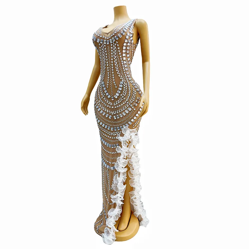 Fashion Sleeveless Long Dress For Banquet Party Host - Side Mesh, Hot Diamond, Slim Fit Party High-End Performance Dress Vestito