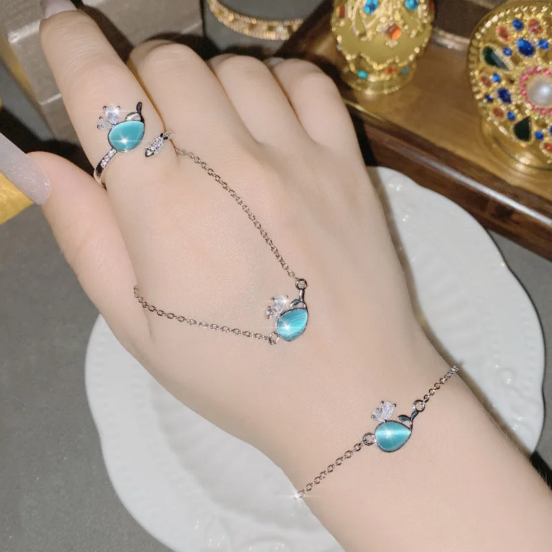 Brillian Fresh Sweet Unique Whale Cat Eye Zircon Necklace/Adjustable Ring/Bracelet Set Women's Dinner Party Tea Party Jewelry