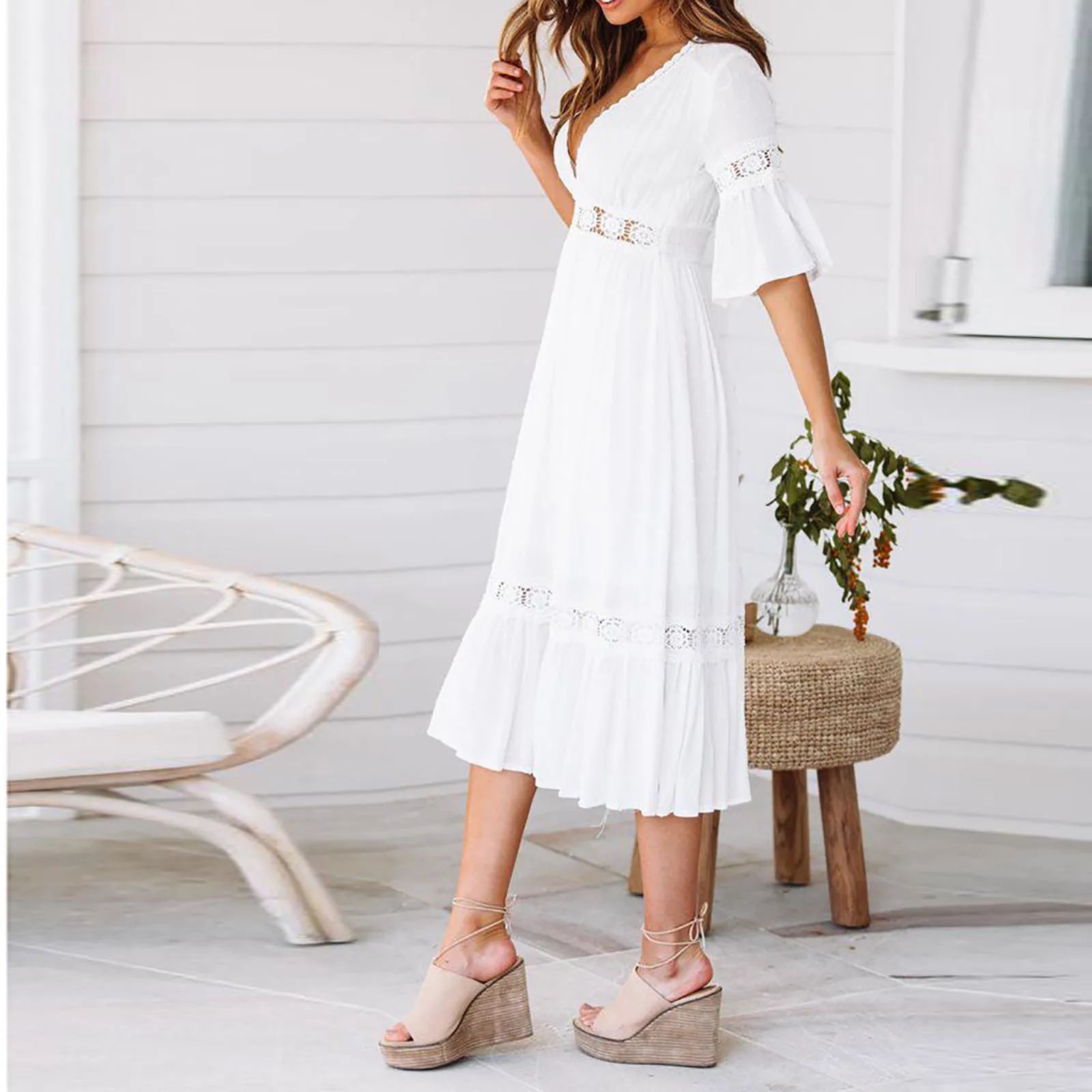 Summer White Long Dress Women Boho Hollow Out A Line Ruffles Dress Short Sleeve V-Neck Loose Fashion Casual Elegant Woman Dress